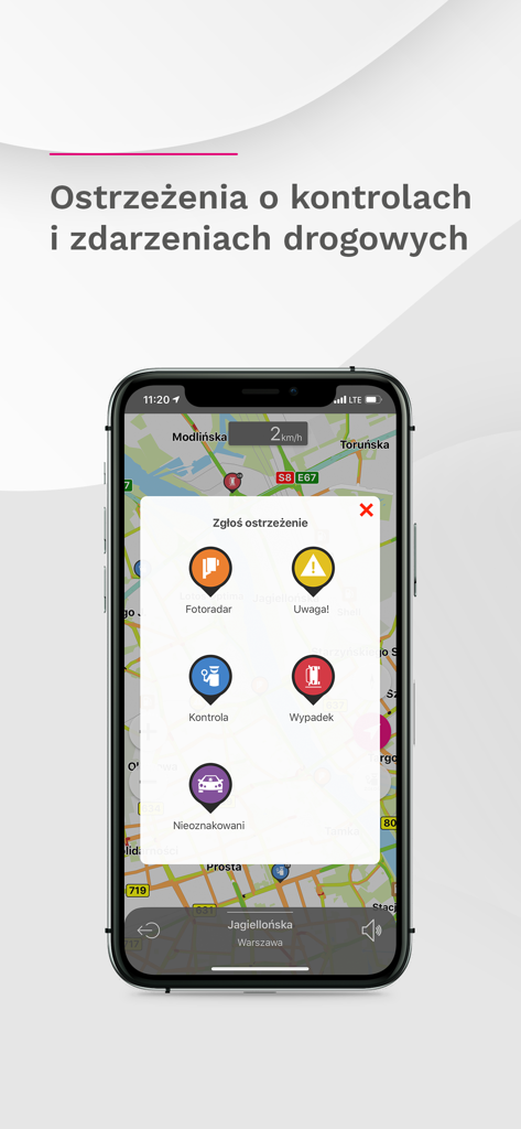Una interfaz móvil para reportar alertas de tráfico como radares de velocidad y controles policiales en la aplicación Nawigacja T-Mobile