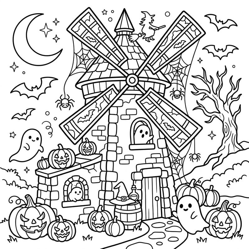 Step into a world where historic charm meets Halloween magic with this delightful tower mill coloring page. Adorned with friendly ghosts, smiling jack-o'-lanterns, and whimsical spooky details, it's perfect for all ages.