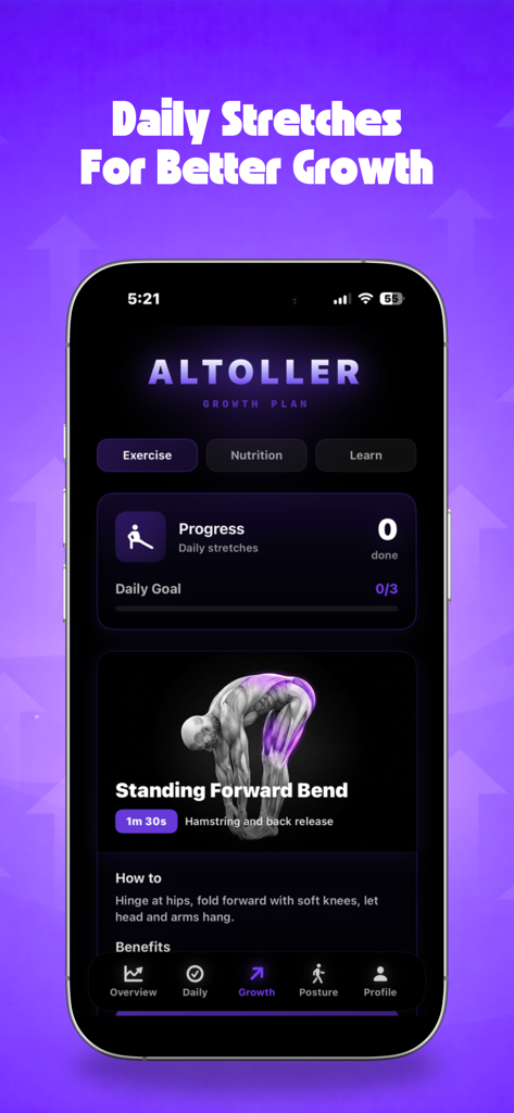 Altoller - Maximize Height - Altoller app screen showing daily stretches for height growth and exercise instructions for standing forward bend