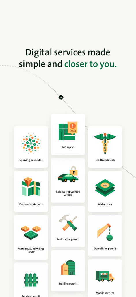 Dashboard of the MyCity app for Riyadh showing various municipal service icons like building permits and reports