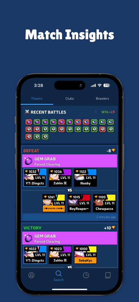 Brawl Stats app interface displaying recent battle history and match insights for Brawl Stars