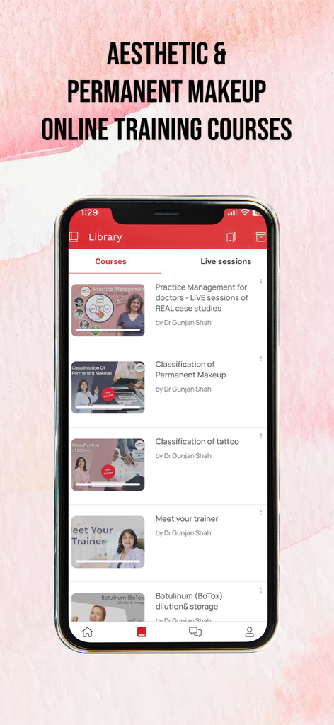 Oberfläche der ibrow Academy App, die eine Liste von Schulungskursen für Permanent Make-up und Ästhetik anzeigt.