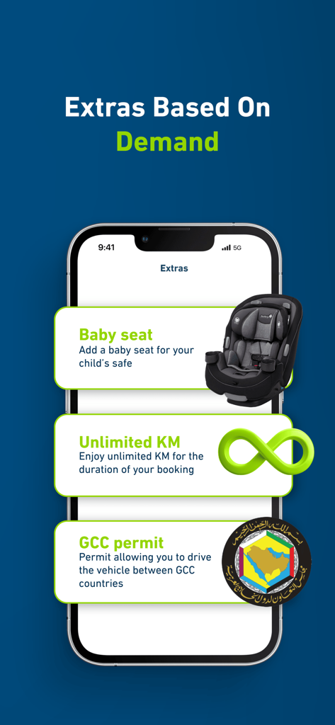 Lumi car rental app screen displaying optional extras including baby seats, unlimited kilometers, and GCC driving permits