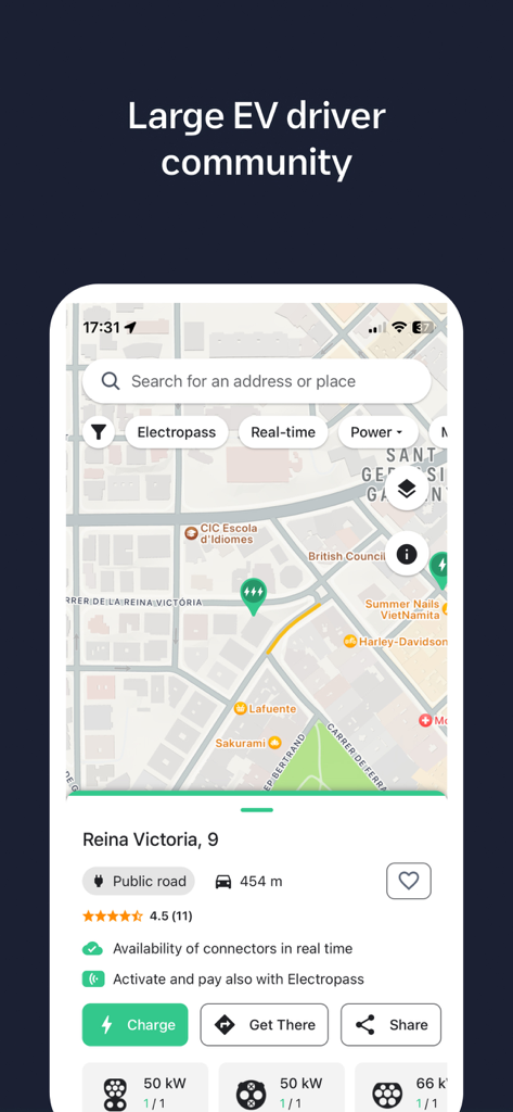 Electromaps: Charging stations - A smartphone screen displaying the Electromaps app with a map of EV charging stations and details for a selected charger.