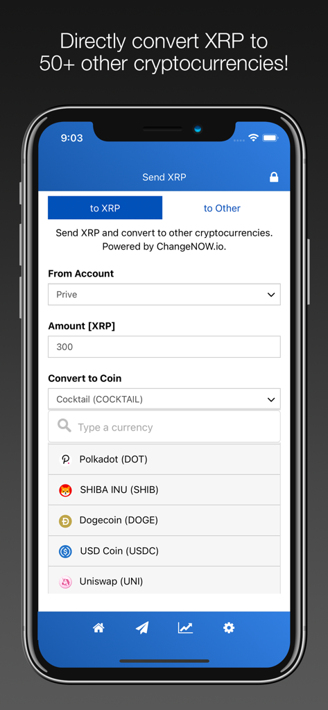 XRP Wallet mobile app screen for converting XRP to other cryptocurrencies