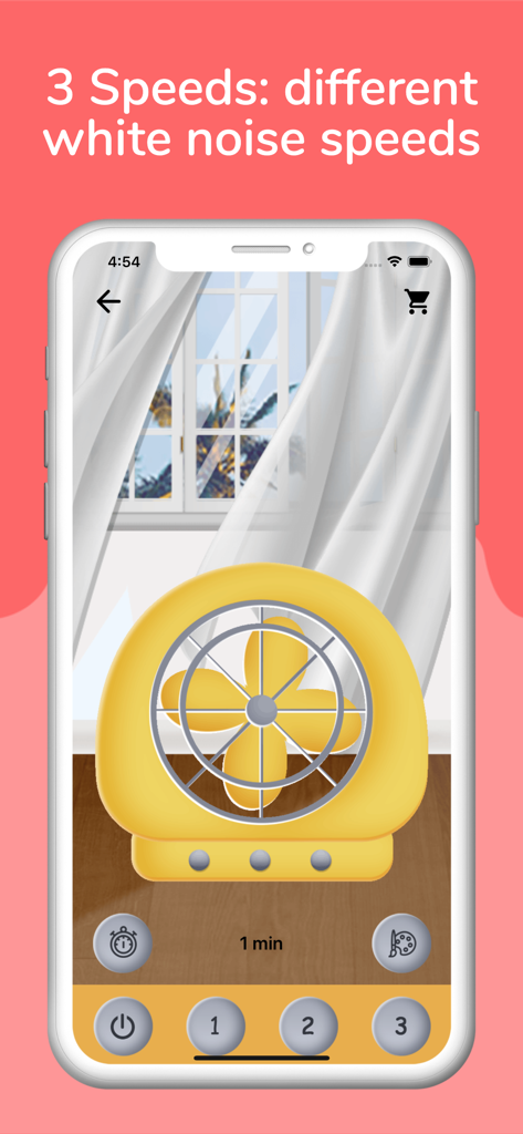 Sleep Fan: Relax & Sleep Sound - Sleep Fan app interface featuring a yellow fan with three adjustable white noise speeds