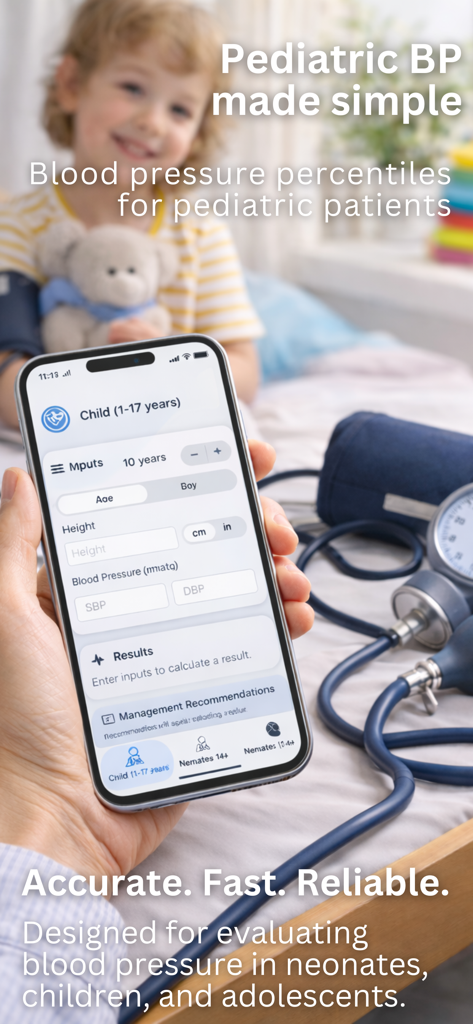 Blood Pressure: PediaBP - iPhone showing the PediaBP app interface for pediatric blood pressure calculations