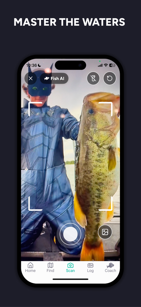 Fish AI mobile app interface showing the scan feature being used to identify and log a large bass catch