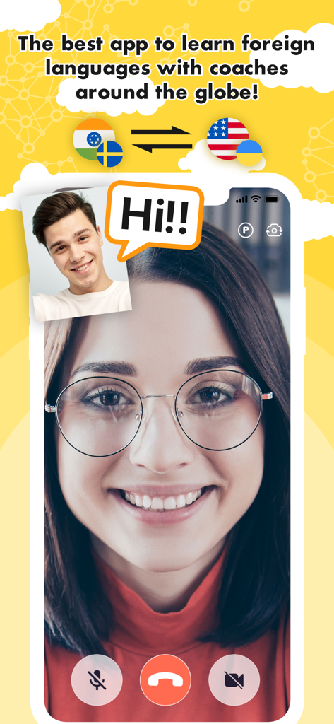 FunnyTalk - FunnyTalk app screenshot showing a 1-on-1 video call with a language coach and flags representing global communication.