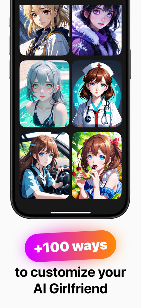 AIガールフレンドアプリのカスタマイズオプションを示す、多様なアニメスタイルのキャラクターのグリッド