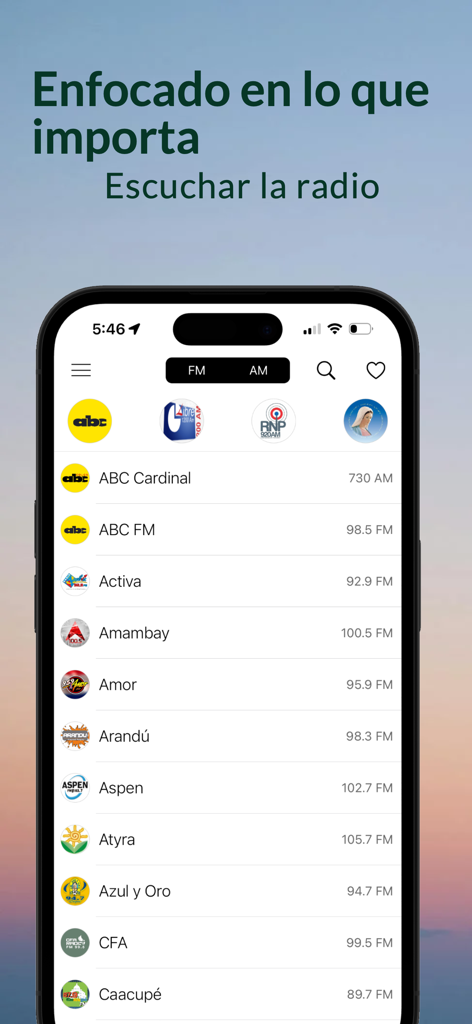 Radios Paraguay - iPhone mostrando una lista de estaciones de radio paraguayas en la aplicación Radios Paraguay