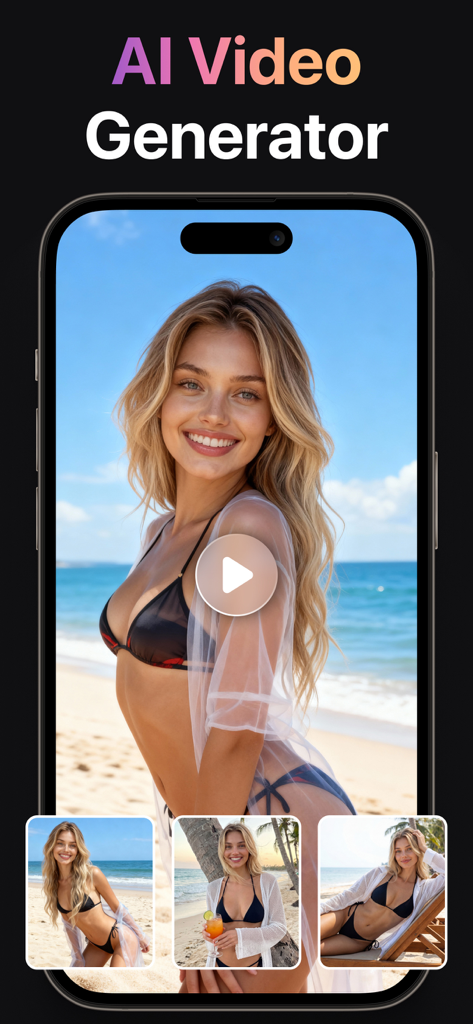 AI Video Generator + Creator - Interface of the AI Video Generator app showing a high-quality video preview of a woman on a beach
