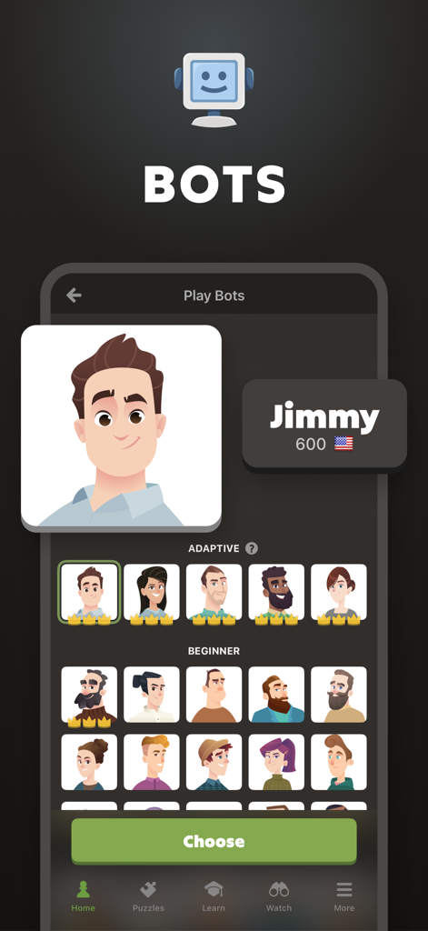 A screen showing various computer bot personalities to play against in a chess app