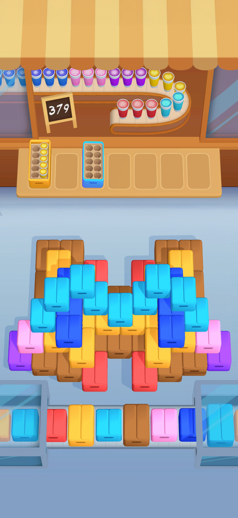Coffee Craze - A colorful sorting puzzle level in Coffee Craze featuring a cafe counter and stacked coffee boxes.