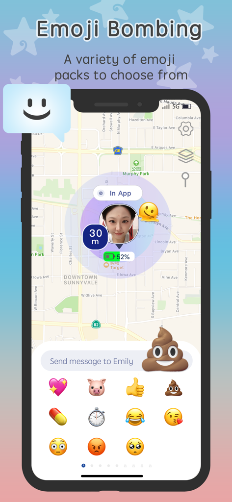 Loclike iHere Find Friends - リアルタイムGPSマップでユーザーが友人にさまざまな絵文字を送信できる絵文字爆弾機能を示すモバイルアプリインターフェイス。