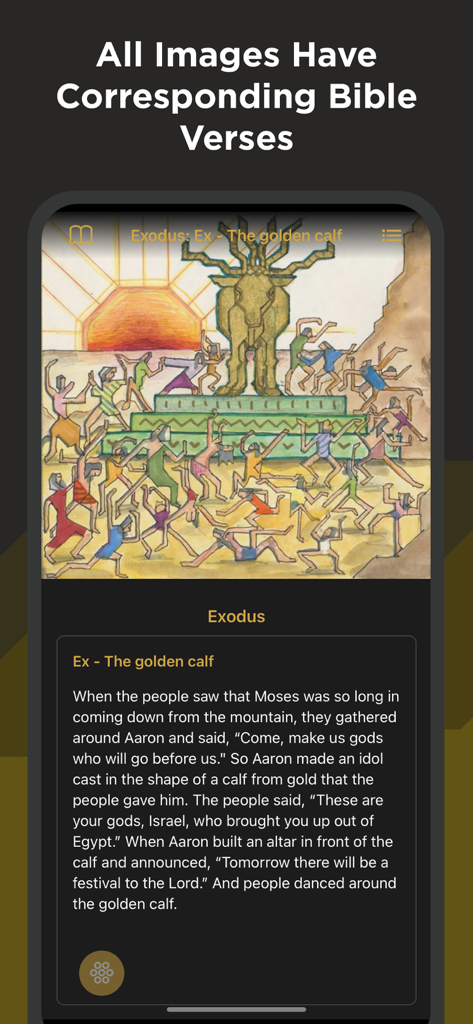 Une capture d'écran de l'application Bible Wiedmann montrant une illustration peinte à la main du veau d'or avec son verset biblique correspondant du livre de l'Exode