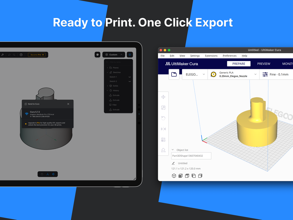 Part3D - Part3D CAD app demonstrating one click export of a 3D part to Ultimaker Cura for 3D printing