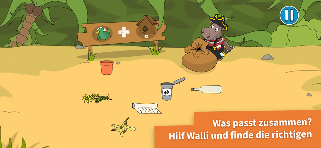 Molli und Walli | UKH - Walli el hipopótamo en una playa en un juego de emparejar y clasificar de la aplicación Molli und Walli