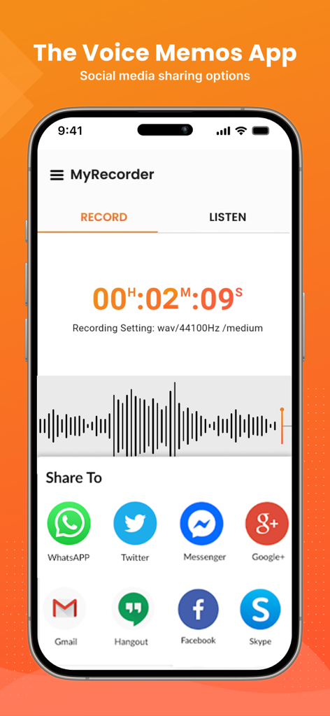 The voice memos app - Interfaz de La aplicación de notas de voz que muestra varias opciones de compartir en redes sociales para grabaciones de audio