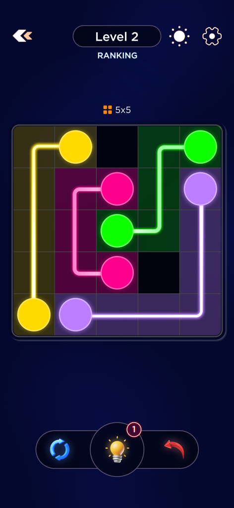 Connect Dots : Link Puzzle - ダークモードの論理パズルグリッド。カラフルなドットと繋がる線が表示されている様子