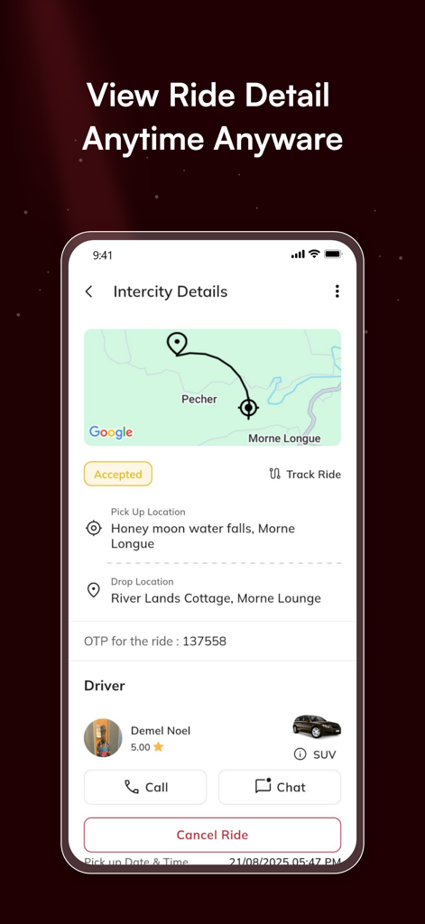 Ryde Go - Ryde Go app interface showing intercity booking details with map and driver information