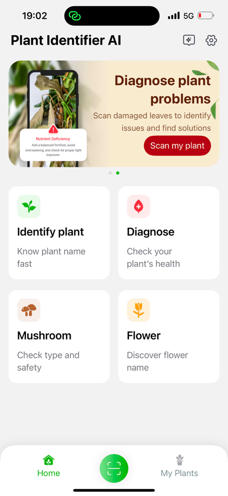 Plant Identifier with AI - Pantalla de inicio de la aplicación Plant Identifier AI con funciones de diagnóstico e identificación de plantas