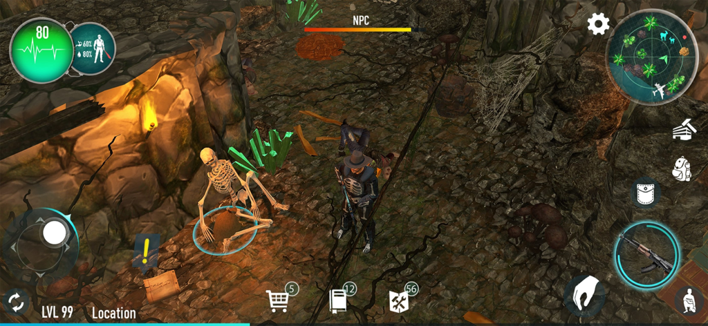 Survival Point: zombie island - Vue de dessus d'un personnage explorant une grotte sombre près d'un squelette et de cristaux verts dans Survival Point île aux zombies