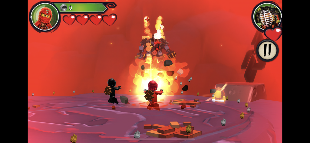 Red LEGO ninja character in a fiery combat scene with health bar UI