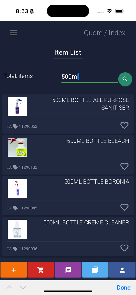 Qpack - Search results for cleaning supplies in the Qpack app showing various sanitiser and bleach bottles