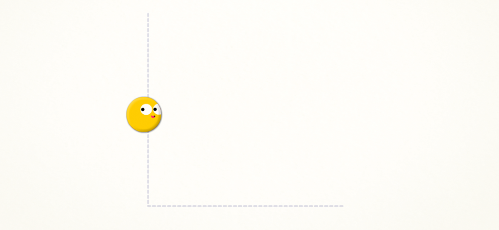 Visual Motor Integration - Un personaje amarillo sobre líneas verticales y horizontales discontinuas para una actividad de trazo en la aplicación Integración Visual Motora