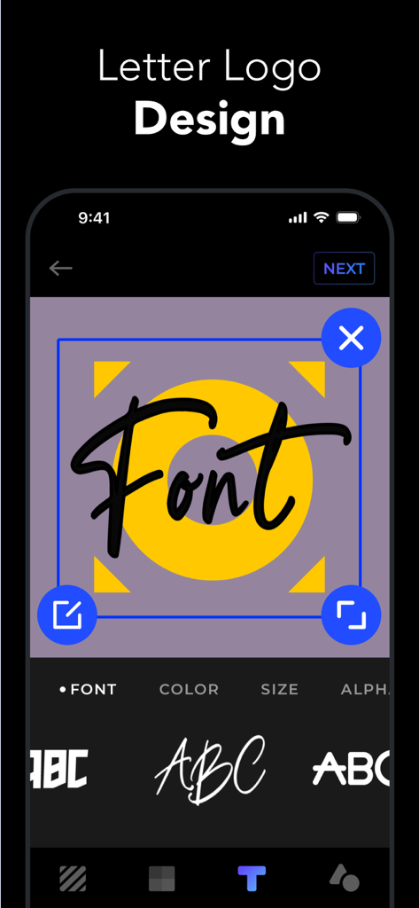 Logo Creator: Label maker - Mobile interface of Logolab app showing letter logo design and font selection menu