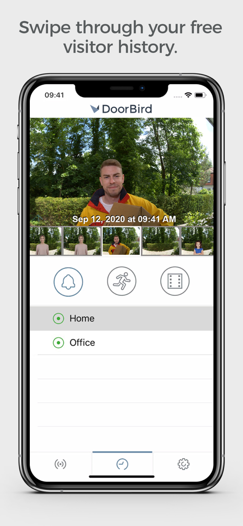 DoorBird app interface on a smartphone showing the free visitor history feature with a delivery person on screen