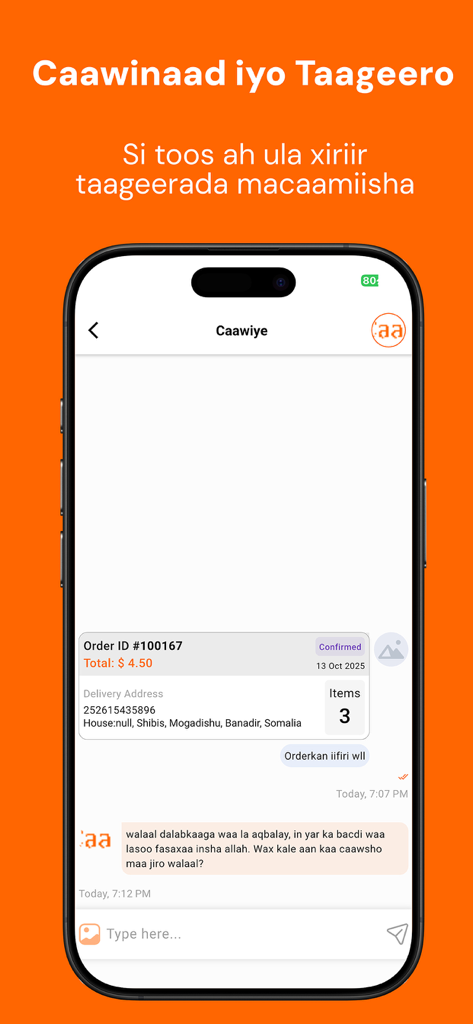 In-app chat interface for customer support and order tracking in the Caawiye delivery app.
