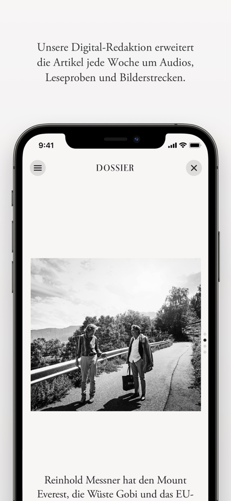 DIE ZEITアプリの画面に、白黒写真付きの特集記事を表示しています。