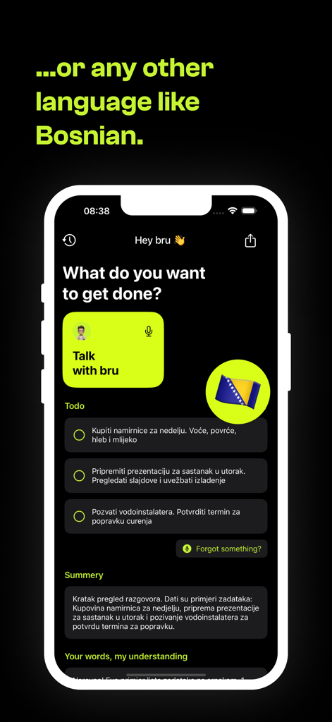 A smartphone screenshot showing the bru app interface with voice-to-text to-do items and summaries in Bosnian