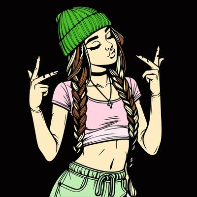 realistic teenage girl with braids and a beanie and crop top doing 🫶🏼