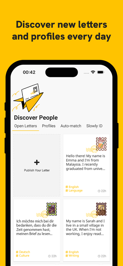 Interface de l'application Slowly montrant la section Découvrir des personnes avec des lettres ouvertes de correspondants mondiaux.