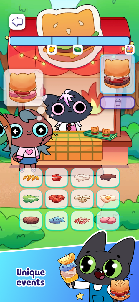 Simba Clicker - Simba o gato fazendo hambúrgueres em forma de gato em uma barraca de comida durante um evento de jogo único