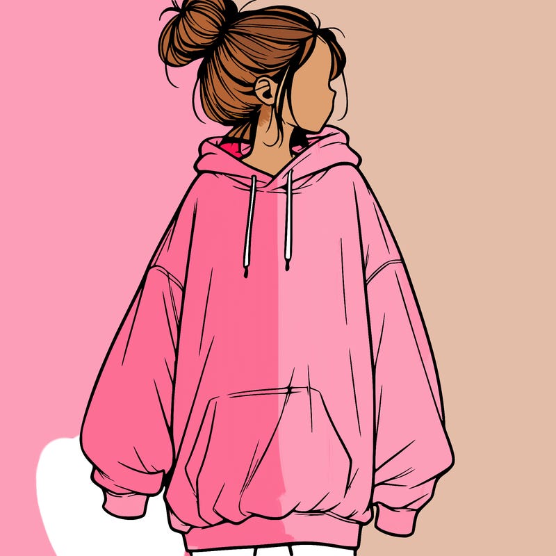 realistic girl with a oversized sweatshirt on and a bun