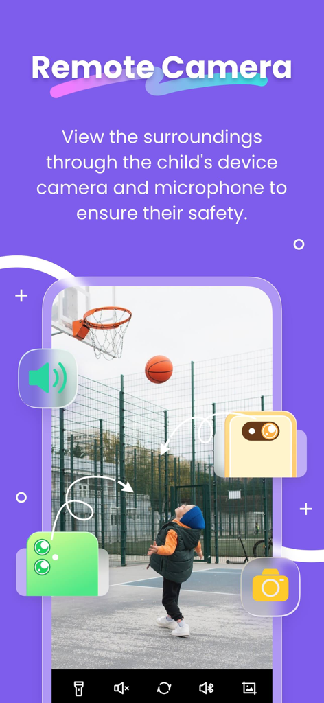 FlashGet Kids app interface showing remote camera and audio monitoring feature for child safety