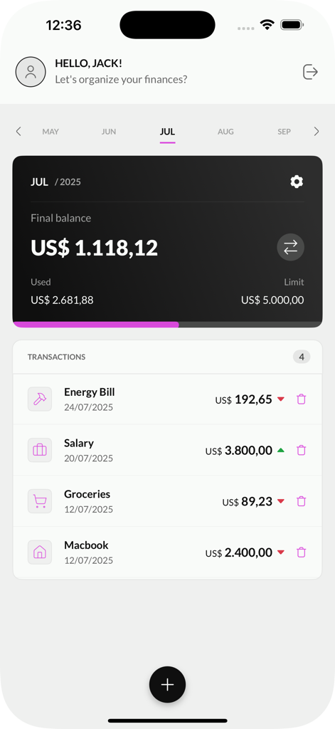 Finova - A mobile dashboard of the Finova app showing a monthly balance, spending limit progress bar, and a list of transactions including salary and bills.