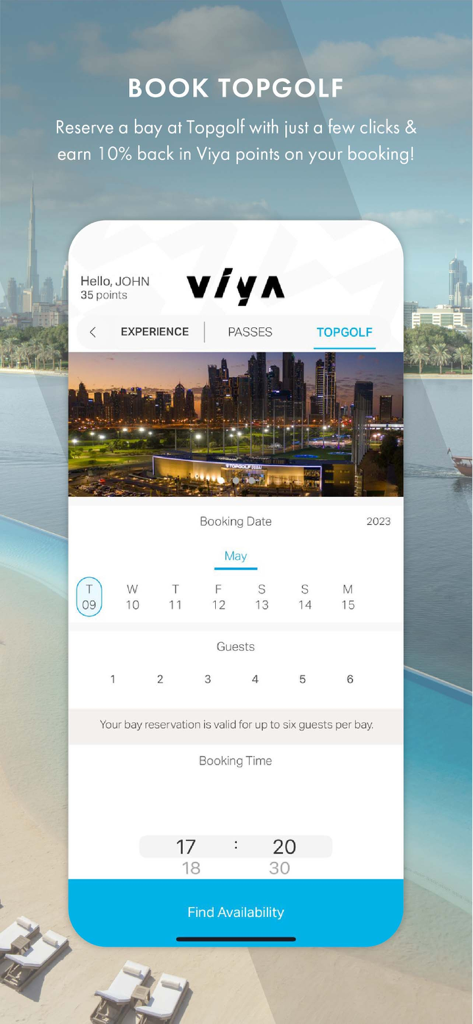 Viya - Viya app screen for booking Topgolf bays and earning reward points