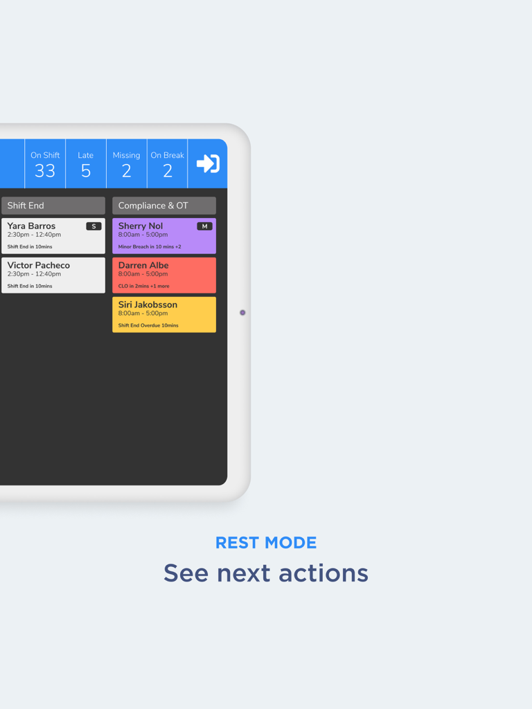 LIFELENZ TimeClock - Painel do LIFELENZ TimeClock no iPad mostrando o status do turno em tempo real e alertas de conformidade de mão de obra.