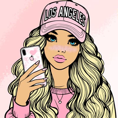 realistic beautiful girl wearing los ángeles cap holding an iphone