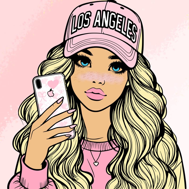realistic beautiful girl wearing los ángeles cap holding an iphone