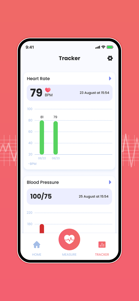 Heart rate and blood pressure tracking screen with daily health charts.