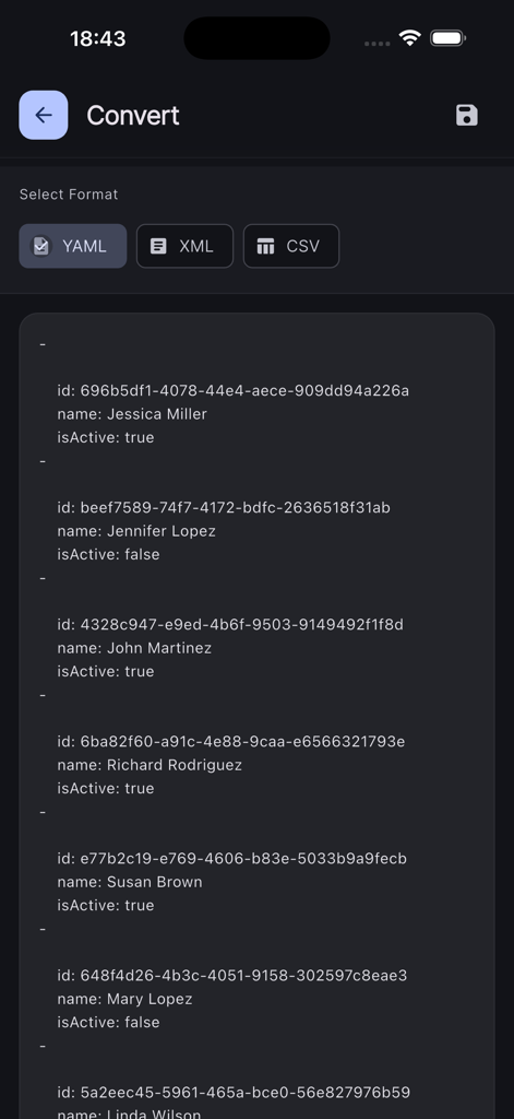Interface of JSON Tools app displaying data converted to YAML format