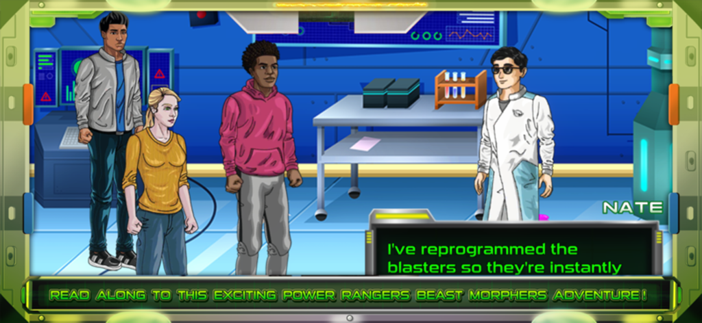 Modo de historia interactiva de Power Rangers Beast Morphers mostrando personajes en un laboratorio