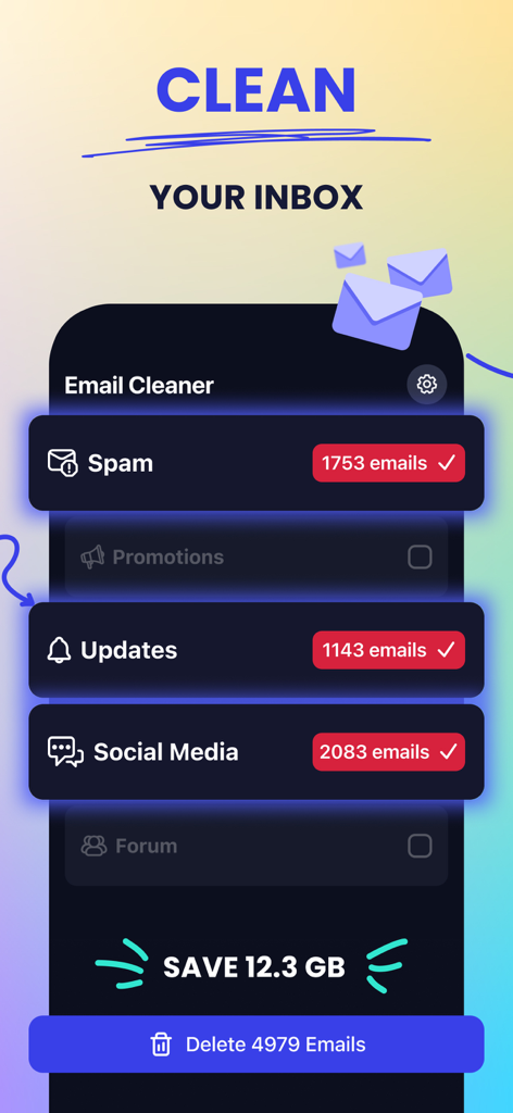 Interface of Cleaner Guru app showing the email cleanup feature to delete spam and save storage space