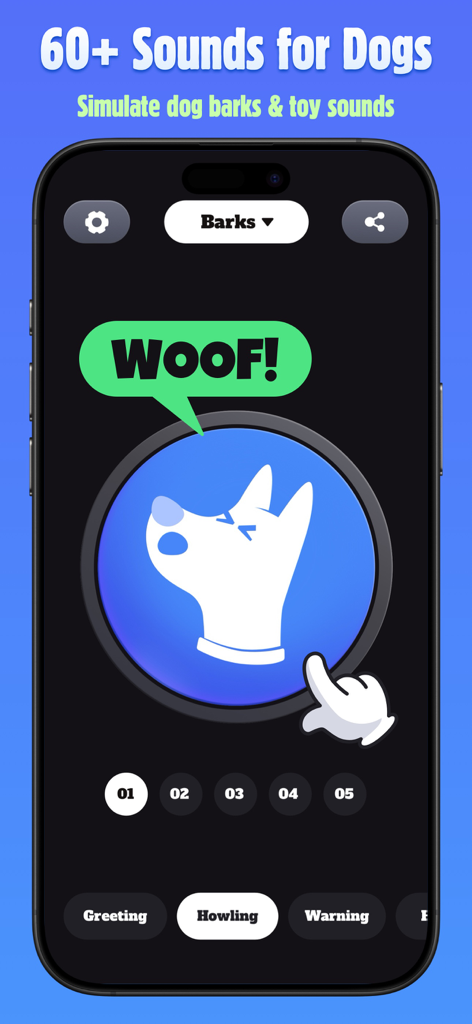 Screenshot of the Dog Barking App interface showing a dog howling sound button and category selection.